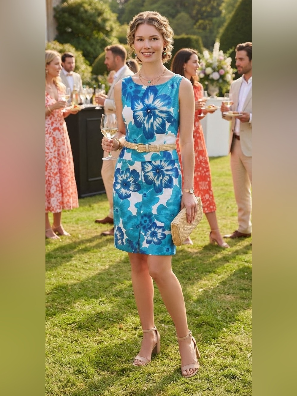 Express Stretch Sleeveless Teal & White Floral Sheath Dress, Women’s Sz 7/8